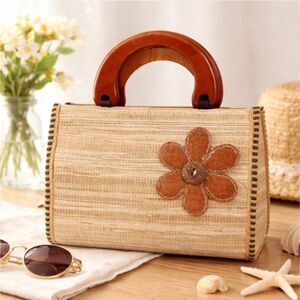 Vintage Mini Straw Raffia Purse Wood Handles Cork Flower Lined Handbag